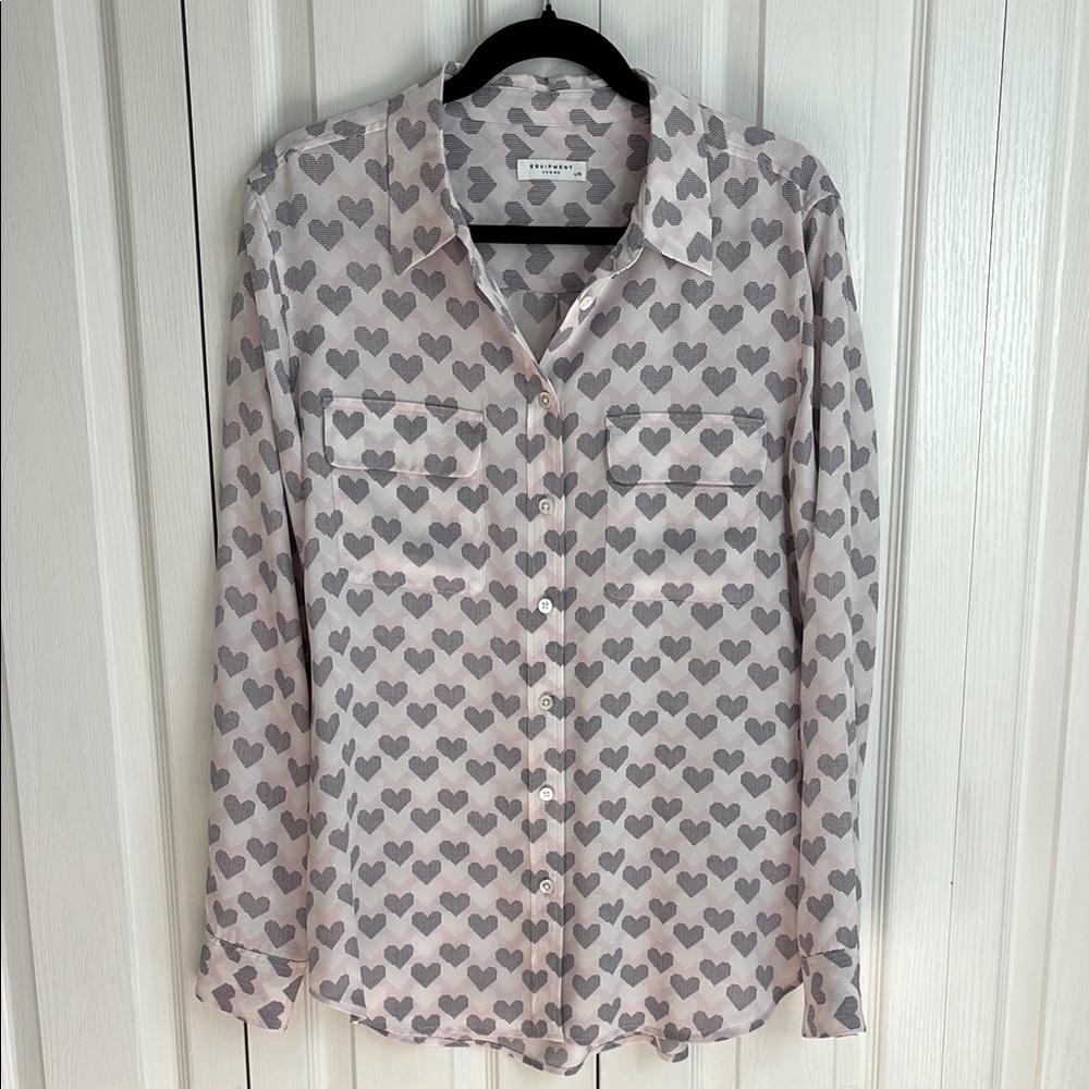 Equipment Femme Silk Long Sleeve Blouse  Size Large  Heart Print